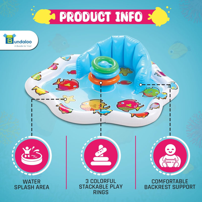 Bundaloo Baby Splash Pad with Inflatable Backrest and Stackable Ring Toys – Sensory Water Play Mat for Infants and Toddlers – Summer Outdoor Fun