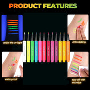 Glow in the Dark Face Paint Pen 12PCS, UV Neon Body Painting Kit for Kids & Adults, Waterproof Smudge-Proof Skin Marker Pens for Halloween Makeup, Tattoo, Festival & Party Eye Body Art