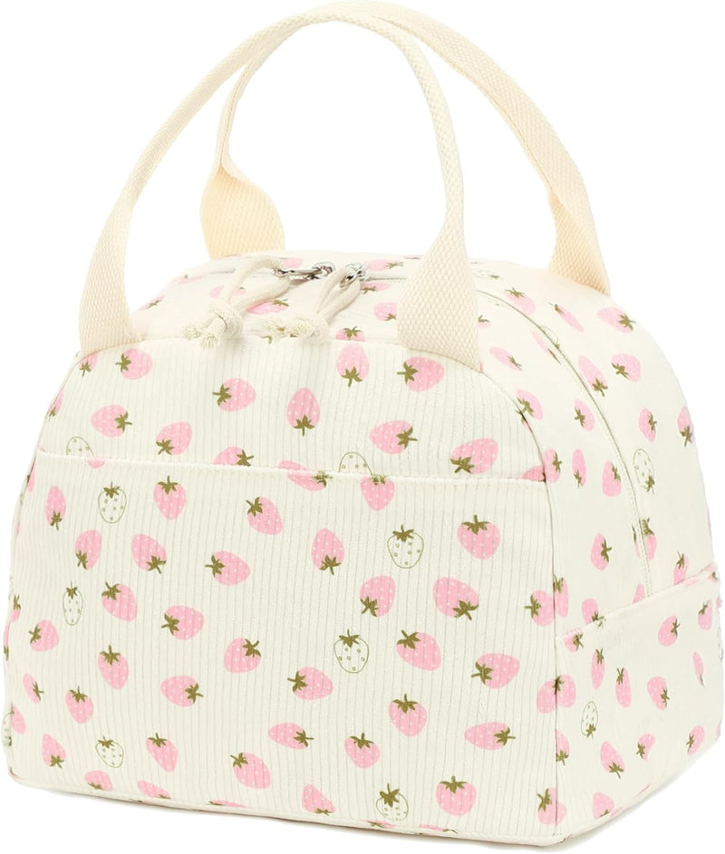 Lunch Bag for Women Men Cute Corduroy Lunch Tote Bags Reusable Insulated Lunch Box Large Capacity Reusable Insulated Cooler for Work Picnic or Travel (Corduroy strawberry) - Beige strawberry