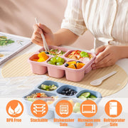 4 Pcs Wheat Straw PP 5-Compartment Bento Lunch Box, Reusable Snack Box Container for Adults and Kids, Food Storage Box for School, Work, Travel, Meal Prep Containers