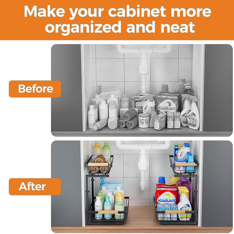 Under Sink Organizer, Height Adjustable Under Sink Organizers and Storage, 2 Tier Pull Out Drawer Cabinet Storage for Kitchen Bathroom, 1 Pack