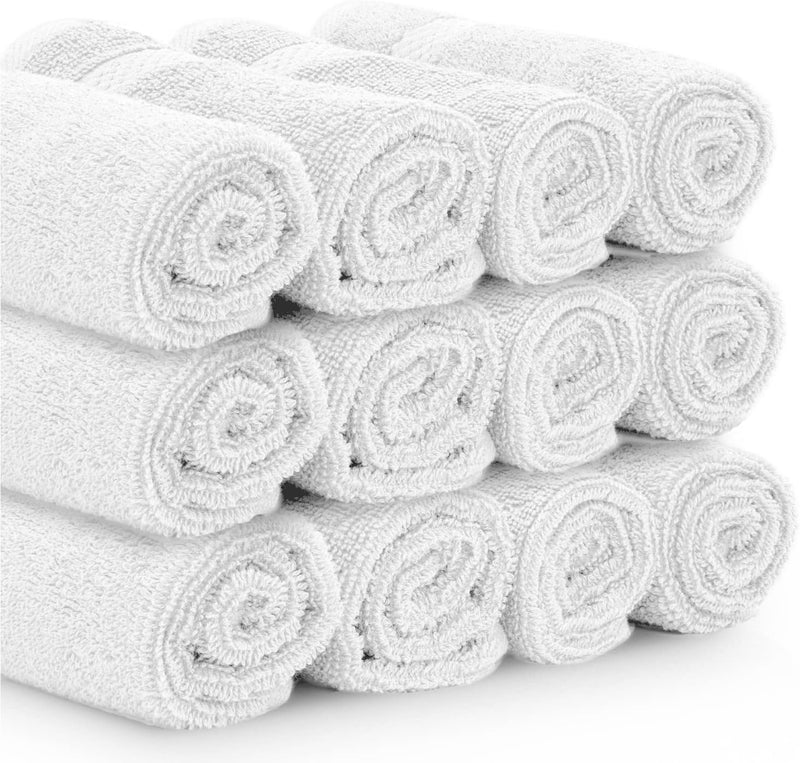 White Classic Luxury Cotton Washcloths - Small Hotel Spa Bathroom Face Towel | 12 Pack |