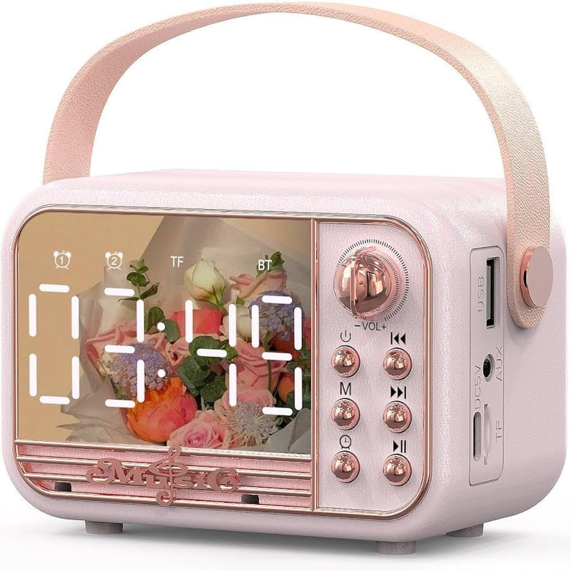 OBABO [Upgrade] Retro Bluetooth Speaker, Wireless Vintage Small Speaker with Stereo Sound,Hands-Free Call, Alarm Clock,TF Card, Water-Proof for iOS Android Smartphone Home Office Home Outdoor (Pink)
