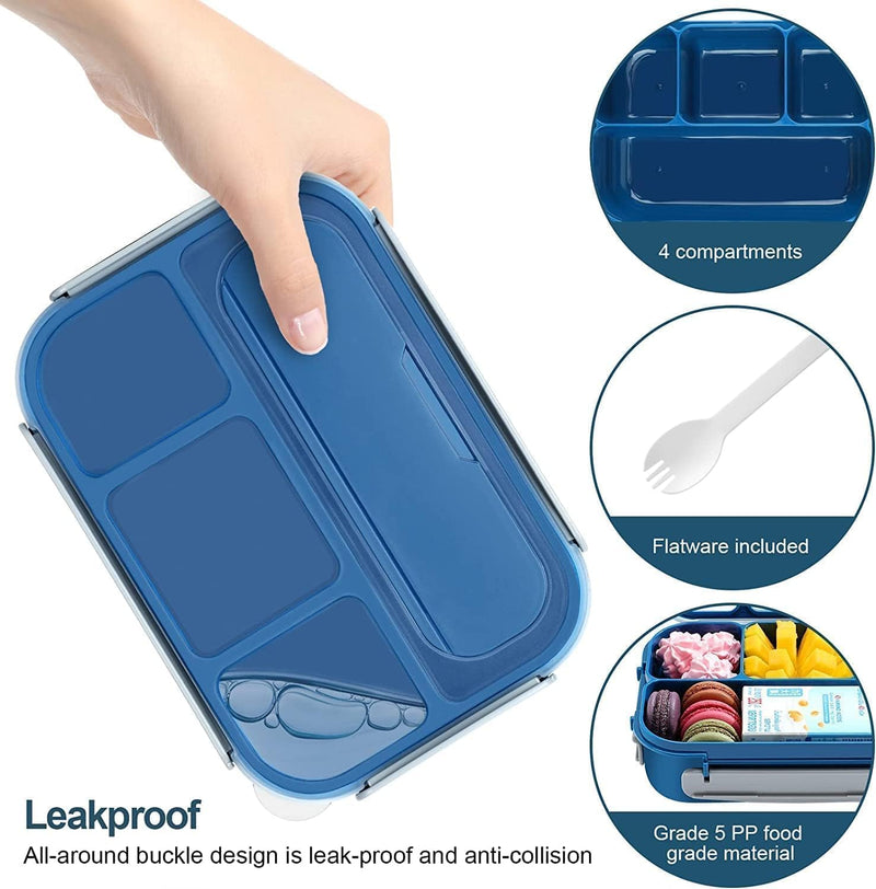 Aputue Bento Box, 1300ml Large Capacity 4 Compartment Meal Prep Container, Leakproof Airtight Lunch Box with Fork Spoon, Portable Food Storage Case for Office School Picnic and Travel Use