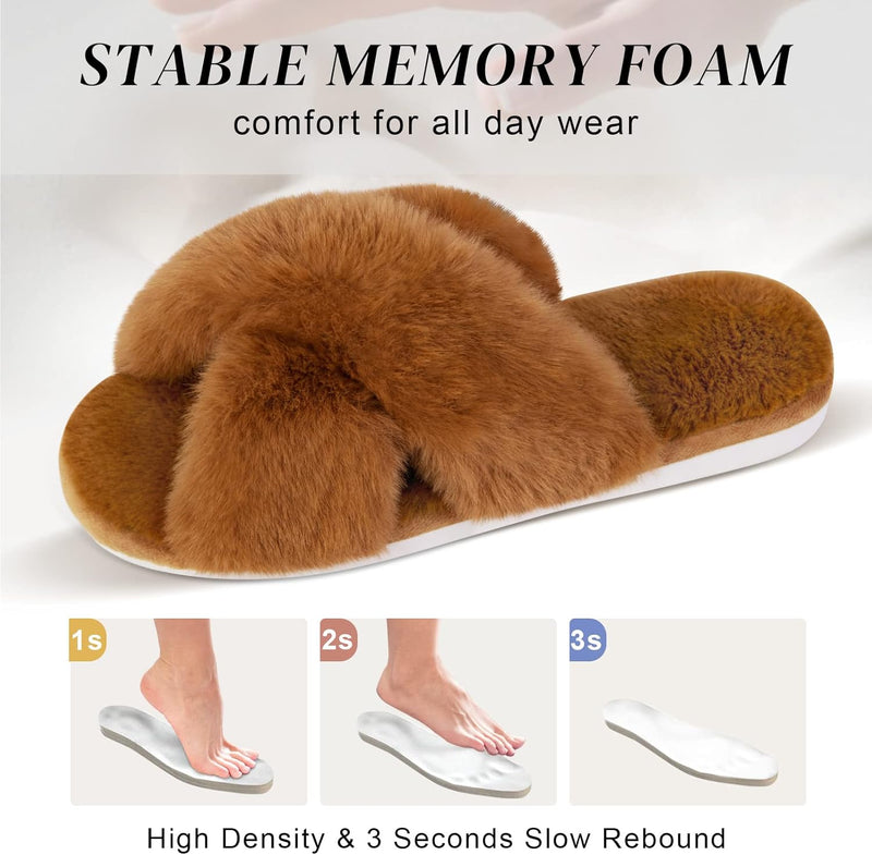 Women's Cross Band Slippers Soft Plush Furry Cozy Open Toe House Shoes Indoor Outdoor Faux Rabbit Fur Warm Comfy Slip On Breathable