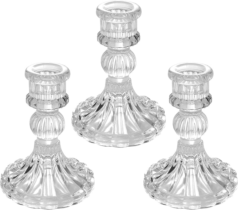 THE WHITE SHOP Glass Candle Holder, Clear Candlestick Holder And Taper Candle Holder for Wedding Party Table, Spring Decor, Anniversary, Dining Room Table, Valentine's Day, (Clear)-A-3Pcs