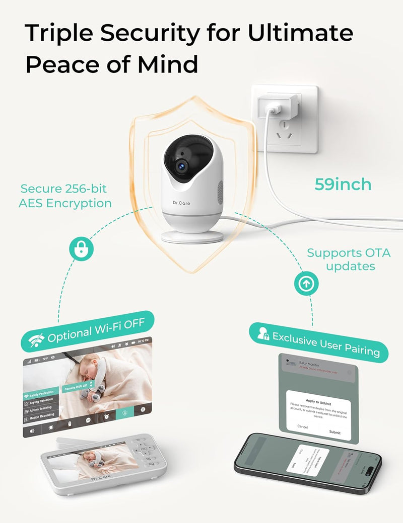 Dr.Care VistaView Lite Smart WLAN Baby Monitor - 4 Inch 720P Split Screen & 1080P Camera, App Control, Motion Alarms, HD Night Vision, 3000 mAh Battery, 2-Way Audio, Multi-User, Triple Security, 1000
