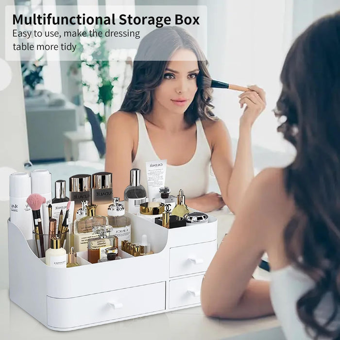 Yoawllty Makeup Organizer, Cosmetic Organizer Storage Box with Drawer, Elegant Vanity Case for Bathroom Bedroom Office Supplies(White)