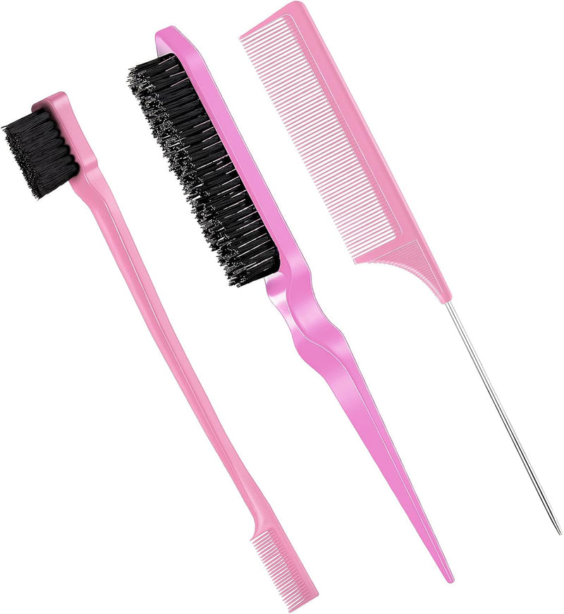 Geiserailie 3 Pcs Slick Back Hair Brush Set Bristle Brush Edge Control Teasing Comb for Women Black Hair(Black)
