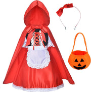 Doodle Kiddo Little Red Riding Hood Costume for Girls with Hooded Cape, Dress, Apron, Hairband & Pumpkin Bucket Halloween Costume for Girls Fairy Tale Fancy Dress Outfit Cosplay Costume for Kids