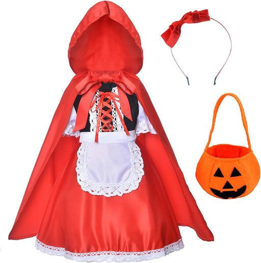 Doodle Kiddo Little Red Riding Hood Costume for Girls with Hooded Cape, Dress, Apron, Hairband & Pumpkin Bucket Halloween Costume for Girls Fairy Tale Fancy Dress Outfit Cosplay Costume for Kids