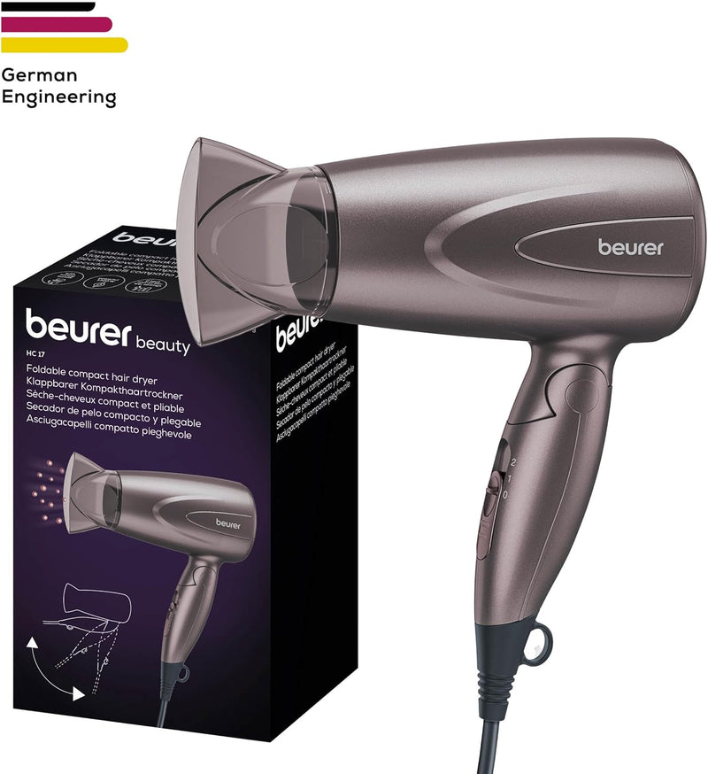 Beurer HC17 Compact Hair Dryer | Lightweight Hairdryer with Folding Function | 2 Heat & Blower Settings | 1300 Watts | Overheating Protection & Professional Nozzle | Foldable Handle for Travelling