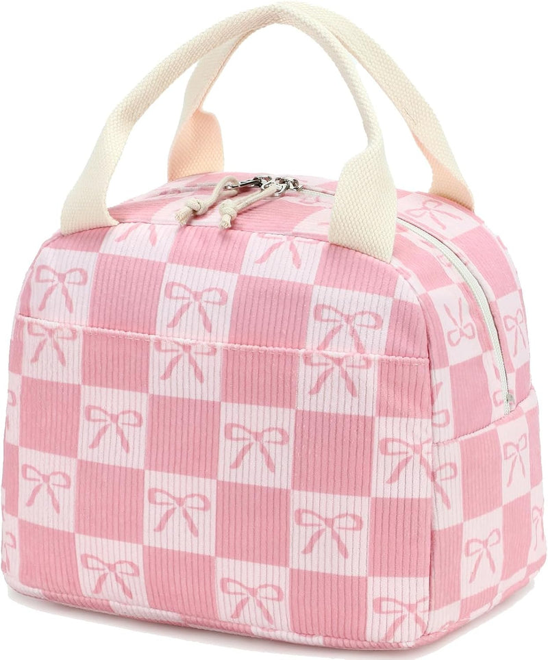 Lunch Bag for Women Men Cute Corduroy Lunch Tote Bags Reusable Insulated Lunch Box Large Capacity Reusable Insulated Cooler for Work Picnic or Travel (Corduroy strawberry) - Bow Pink Checked 23