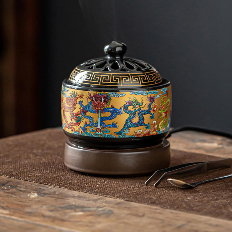 Ceramic Electric Incense Burner, Electronic Aroma Diffuser with Timing Temperature Adjustment and Cover, Resin Frankincense Burner, Used for Indoor Air Purification/Home Decoration/Meditation