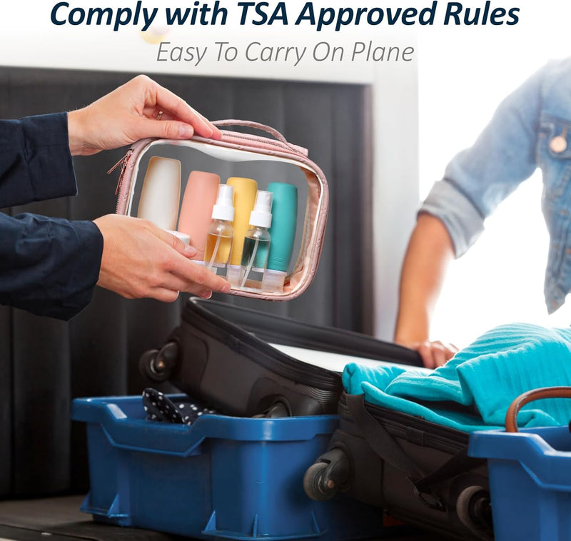 PACKISM TSA Approved Toiletry Bottles - 9 Pack Leakproof 3.4oz Silicone Travel Bottles for Toiletries, Travel Accessories with Clear Makeup Bags for Shampoo Conditioner Lotion Body Wash BPA Free
