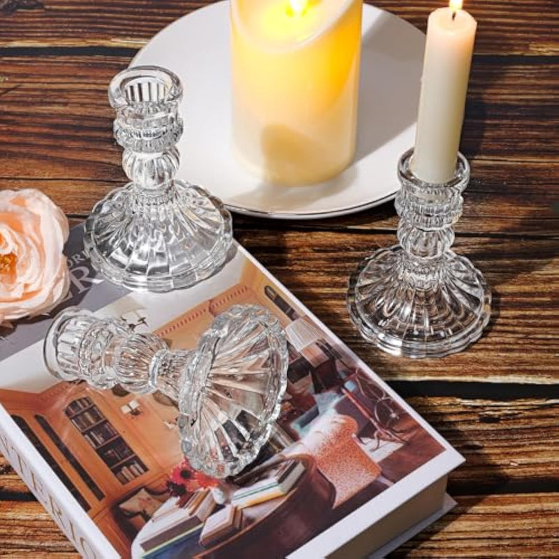 THE WHITE SHOP 6PCS Glass Candle Holder, Clear Candlestick Holder & Taper Candle Holder for Wedding Party Table, Spring Decor, Anniversary, Dining Room Table, Valentine's Day, (Clear)-A-6Pcs