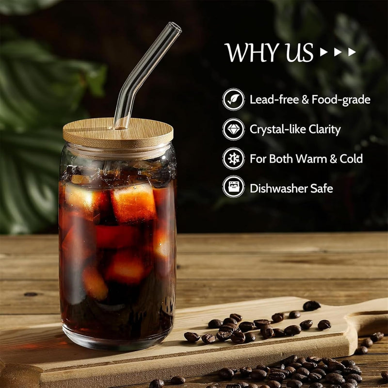 TAME Glass Cups with Bamboo Lids and Straws,16OZ Ice Coffee Cup, Beer Can Shaped Drinking Glasses Set of 2, Drinking Cup with lid, Cute Glass Tumblers for Beer, Cocktail, Tea and Latte