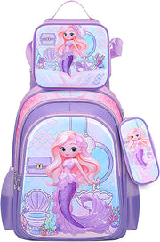 3PCS Kids Backpack for Boys Girls, 16 Inch Water Resistant Bookbag & Lunch Box & Pencil Case for Preschool Kindergarten Primary Junior Elementary School Teen Students (6-12 Age) - A-Mermaid