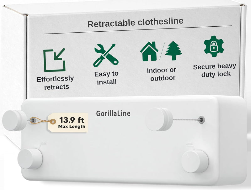 GorillaLine - Retractable Clothesline | Premium Heavy Duty Clothes Drying Laundry Line | Wall Mounted Stainless Steel Laundry Line | Retracting Hanging Clothing Drying Rack