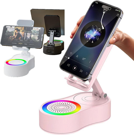 BIGTHREE Phone Holder with Bluetooth Speaker, Bluetooth Speaker Phone Holder, 5 in 1 Wireless Induction Audio, 360 Rotating Folding Lifting Charging Holder, RGB Colourful Lamp Effect