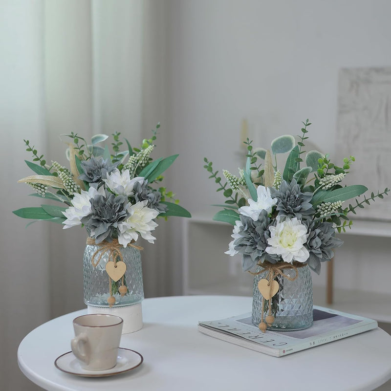 Faux Flowers with Vase, Artificial Silk Flowers in Vase, Fake Plant Eucalyptus and Willow,Flower Arrangement for Home Farmhouse kitchen Dining Table Centerpiece Decorations Table Decor (Grey Blue)