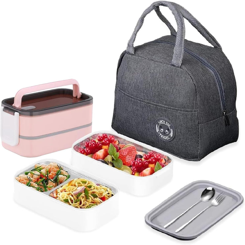 TAPIT Stainless Steel Lunch Box - Insulated Bento Box Multifunctional Containers Food Containers with 2 Compartments,Tableware, Nylon insulation bag (Grey) - H01-Pink