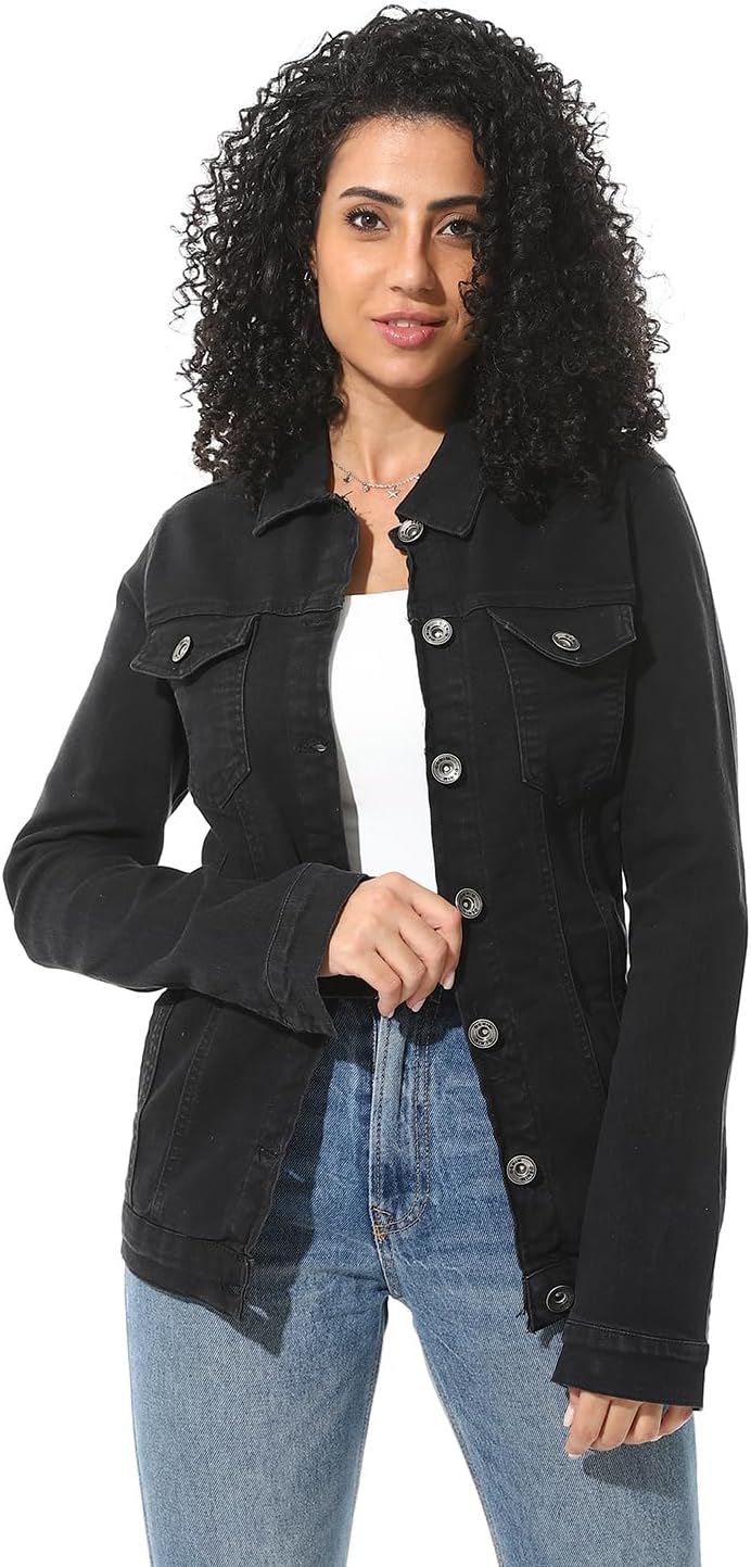 Womens Turn Down Collar DANIM Jacket - Black