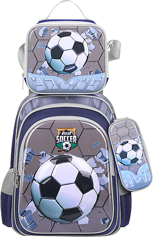 3PCS Kids Backpack for Boys Girls, 16 Inch Water Resistant Bookbag & Lunch Box & Pencil Case for Preschool Kindergarten Primary Junior Elementary School Teen Students (6-12 Age) - A-Football