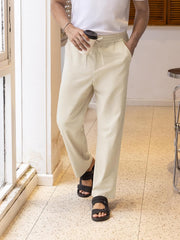 Mens Linen Pants Drawstring Casual Pants Lightweight Stretch Beach Pants Baggy Dress Trousers - Beige