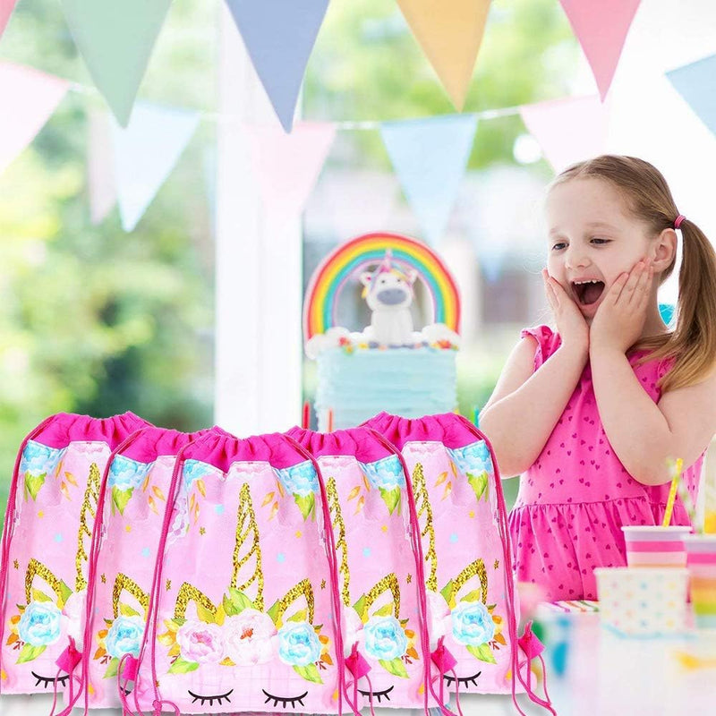 12-Pack Unicorn Drawstring Party Bags Prime Styles - Reusable Waterproof Favor Bags for Birthday Party Favors, Baby Showers & Gifts - 13.4" x 11"