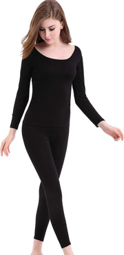 Womens Thermal Underwear Set Ultra Thin Crew Neck Base Layer Stretch Long Johns - Black
