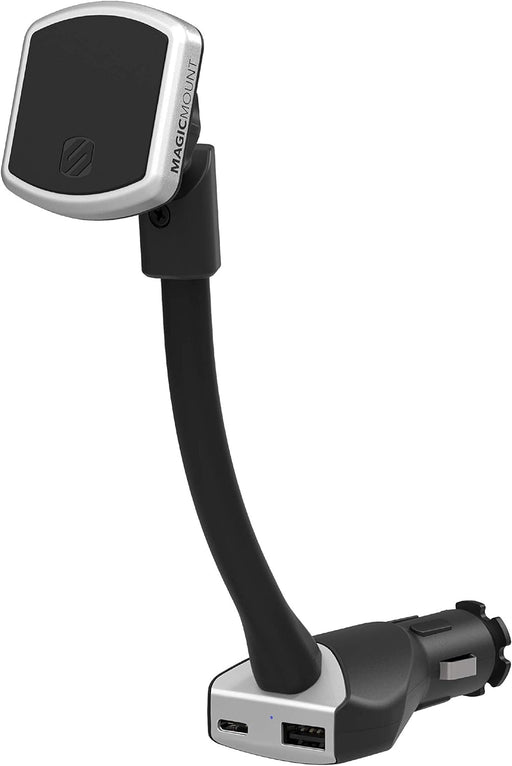 Scosche MP12VPD2-XTSP MagicMount Pro Magnetic Phone/GPS Car Mount 30W Dual Port Type-C + Type-A Cell Phone Charger, Cigarette Lighter Phone Holder, Compatible with Apple iPhone & More, Black/Silver - 30 Watt Power