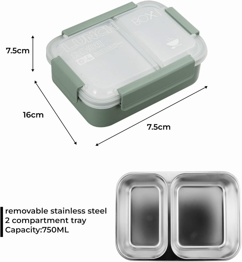 Stainless Steel 2 Compartments Bento Lunchbox with Removable Inner Tray - Leak Proof Bento Box for Kids, Adults - Tiffin Box for Office, School (GREEN)