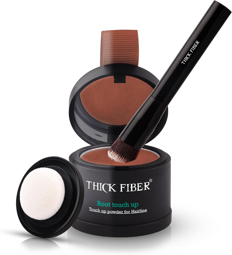 THICK FIBER Root Touch Up & Hairline Powder for Grey Root Coverage & Thin Hair Water & Sweat Resistant with Precise Brush Hair Loss Concealer for Roots, Bald Spots & Fill-In (Dark Brown) - Red Brown 0.14 Ounce (Pack of 1)