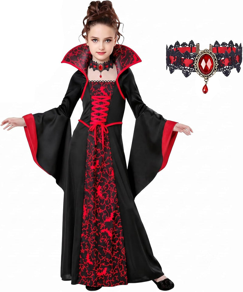 Halloween Costume for Girls, Vampire Dress with Necklace - L