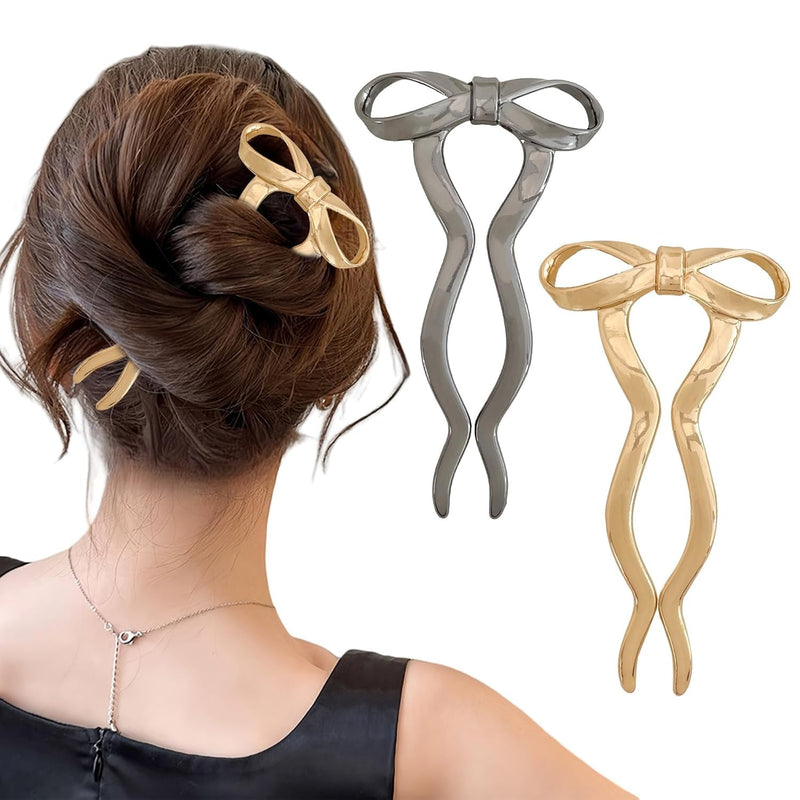 Beynant 2PCS Vintage French Hair Forks for Women U Shaped Updo Metal Hair Pins for Long Thick Hair,Large Gold Bow 2 Long Prong Bun Twist Hair Sticks,Medium Hair Accessories for Women