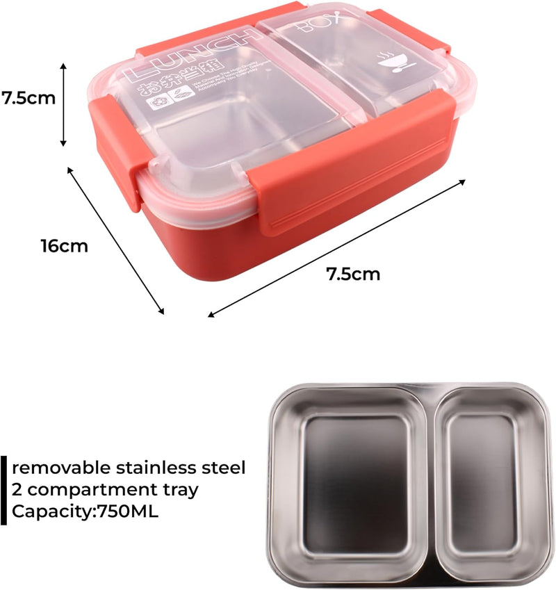 Stainless Steel 2 Compartments Bento Lunch Box with Removable Inner Tray - Insulated, Leak Proof Bento Box for Kids, Adults - Multifunctional Air Tight Food Container (RED), 22167.5cm