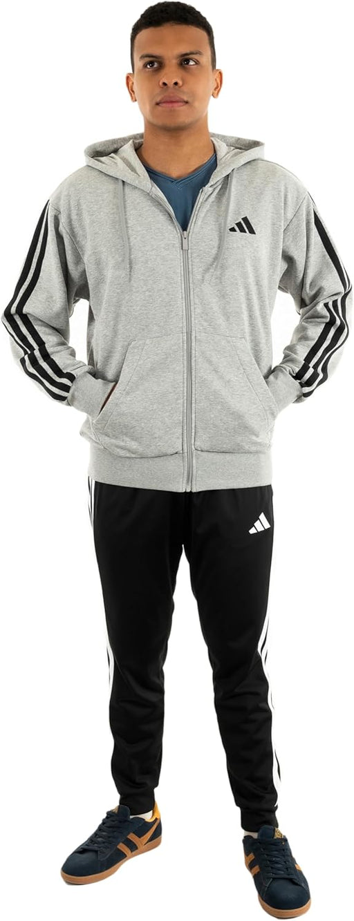 Men's Essential Three Stripes French Terry Fullzip Hoodie Hooded Sweatshirt (pack of 1) - MGREYH/BLACK