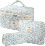 3 Pcs Cotton Quilted Makeup Bag Set,Floral Makeup Bag,Cute Makeup Bag,Travel Makeup Bag,Large Toiletry Cosmetic Bag Makeup Bag Organizer for Women Girls (H) - A