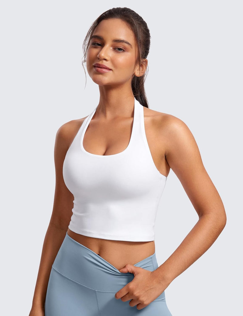 CRZ YOGA Womens Butterluxe Halter Longline Sports Bra - Padded Workout Yoga Crop Tops Tanks with Built in Pads