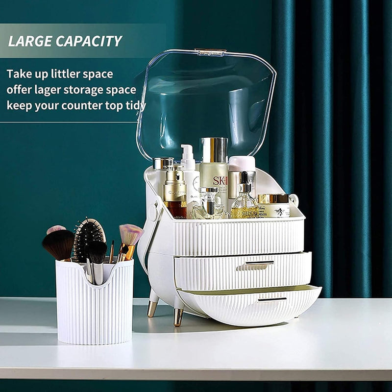 Sulfar Large Cosmetic Makeup Organizer with Drawers and Brush Organizer, Dust Water Proof Cosmetics Storage Display Case, Suitable for Bathroom Countertop and Bedroom Vanity Dresser