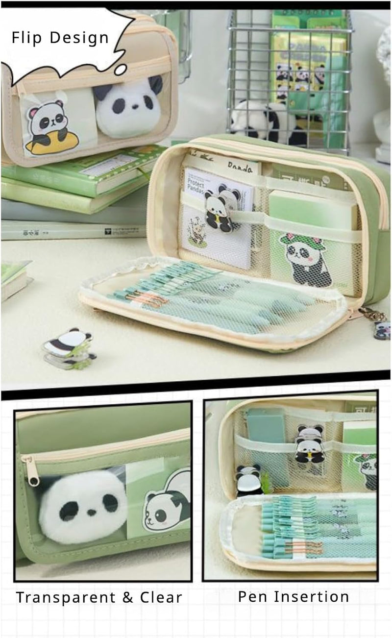 Panda Pencil Case, Cute Panda Pencil Case Large Capacity, Adults Aesthetic, Kawaii Pencil Pouch Cute With Zipper Preppy Pen Bag With Gel Ink Pens, Clips, Stickers, Pin, Green
