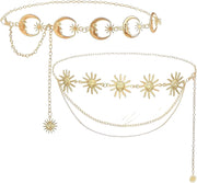 BOSSNOUK 2Pcs Gold Waist Chain Belt for Women Sun Moon Boho Body Chain, Nickel-Free Adjustable 125cm, Dress Belt for Abaya Kaftan Jeans Eid Ramadan Gift - B