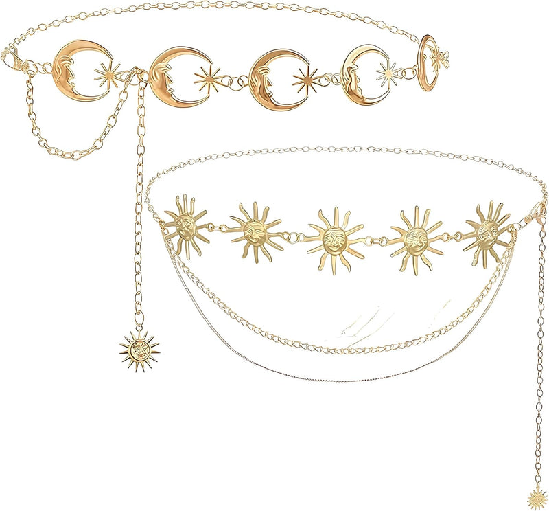 BOSSNOUK 2Pcs Gold Waist Chain Belt for Women Sun Moon Boho Body Chain, Nickel-Free Adjustable 125cm, Dress Belt for Abaya Kaftan Jeans Eid Ramadan Gift - B