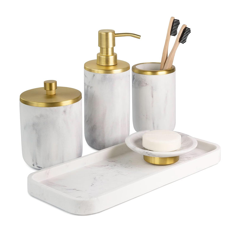 L'MKI Bathroom Soap Dispenser Set - Bathroom Toothbrush Holder Set, Marble, Gold, Farmhouse Bathroom Decor, 5 Piece Bathroom Accessories Set