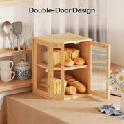 Bamboo Bread Box, Kitchen Countertop Corner Bread Box, Large Capacity 2-Tier Bread Container, Bread Storage Container with Dual Rippled Acrylic Doors, for Kitchen Food Storage