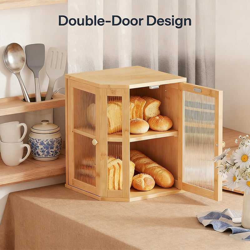 Bamboo Bread Box, Kitchen Countertop Corner Bread Box, Large Capacity 2-Tier Bread Container, Bread Storage Container with Dual Rippled Acrylic Doors, for Kitchen Food Storage
