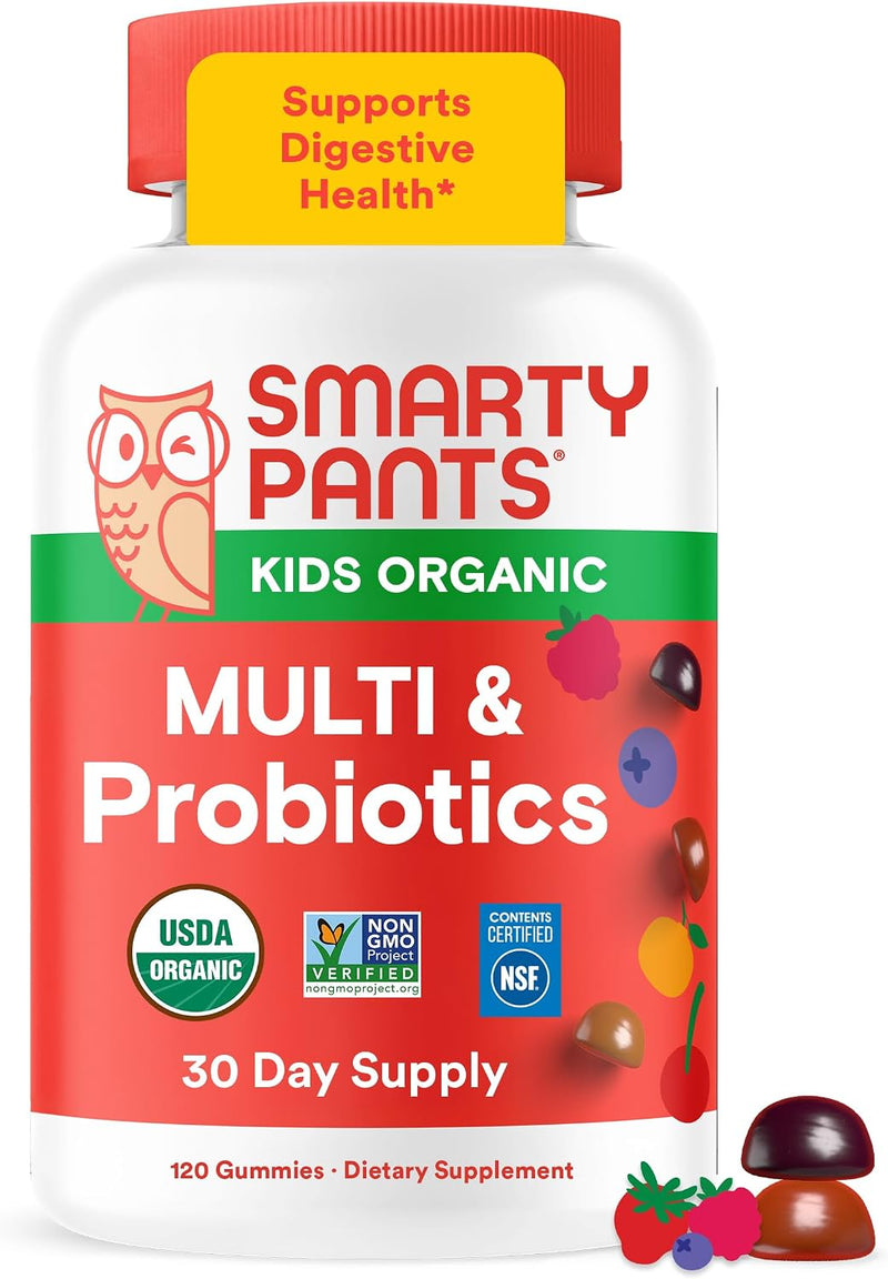Organic Kids Multivitamin, Daily Gummy Vitamins: Probiotics, Vitamin C, D3, Zinc, & B12 for Immune Support, Energy & Digestive Health, Assorted Fruit Flavor, 120 Gummies, 30 Day Supply - Organic + Probiotics