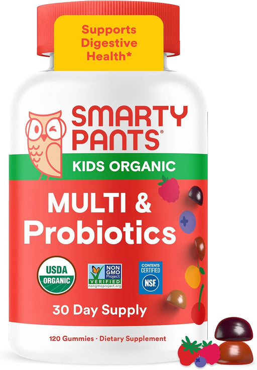 Organic Kids Multivitamin, Daily Gummy Vitamins: Probiotics, Vitamin C, D3, Zinc, & B12 for Immune Support, Energy & Digestive Health, Assorted Fruit Flavor, 120 Gummies, 30 Day Supply - Organic + Probiotics