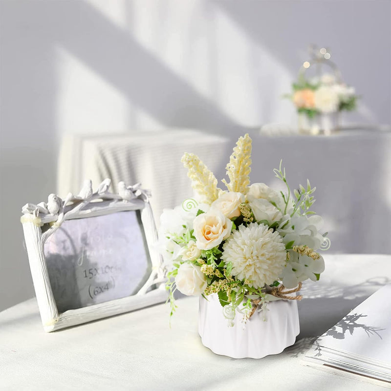 UCHUANG Fake Flowers with Vase, Artificial Roses Bouquet in Vase, Centerpiece Table Decorations for Coffee Table, Living Room, Dining Table, Office, Kitchen, Home Room Decor(White, with Glass Vase)